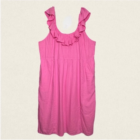 Ava & Viv Coquette Soft Girl Ruffle Neck Sleeveless Smocked Linen Midi Dress. - Picture 4 of 9